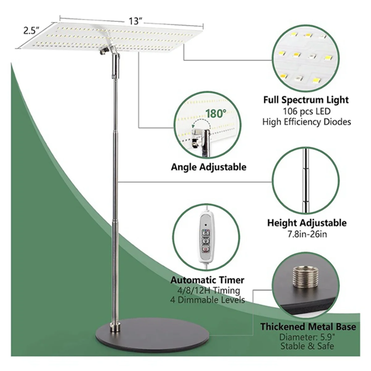 Grow Light, Full Spectrum LED Plant Light for Plants, Height Adjustable Growing Lamp with Auto On/Off Timer 4H/8H/12H