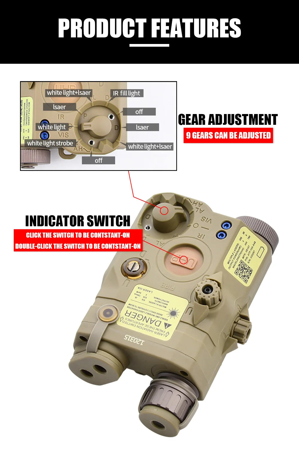 WADSN Airsoft PEQ 15 equipments Red Green Blue Powerful Laser Dot IR Indicator Surefir M600 M600C Flashlight Dual Control Switc