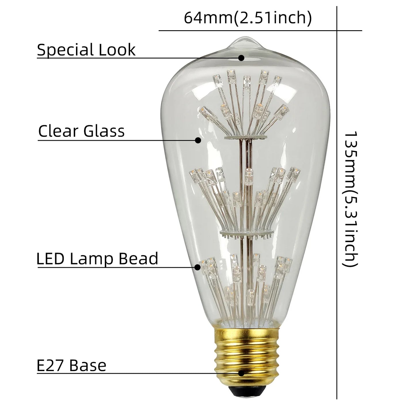 TIANFAN Edison Bulb ST64 Vintage Led Bulb 3W Starry Firework Decorative Light Bulb 110V 220V E26 E27 Teardrop