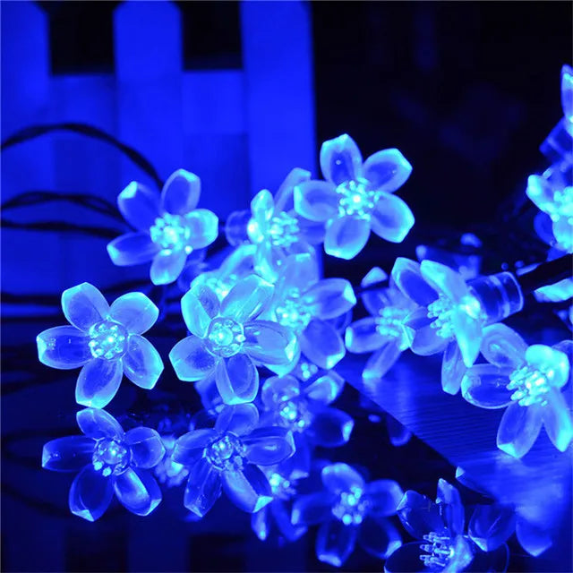 Outdoor Courtyard Solar Fairy Lights Cherry Blossoms String Lighting Lamp for Backyard Garden Lawn Fence Patio Christmas Decor