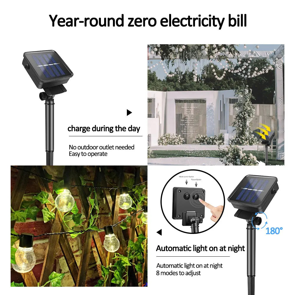 G50 Patio Solar String Lights Outdoor, Warm/ Colorful Globe Bulb LED Fairy Garland Lamp for Wedding, Christmas, Backyard, Party