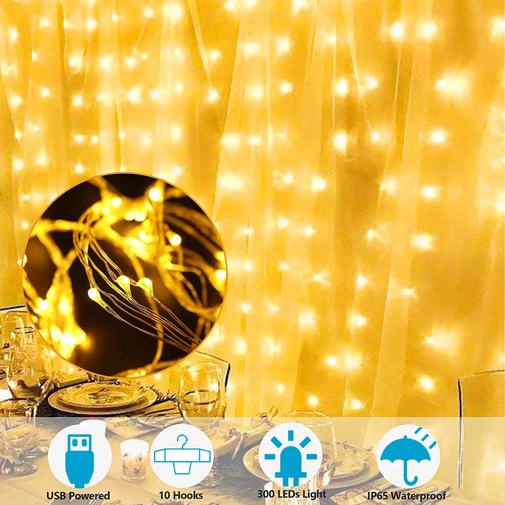 3Mx3M 300LED USB Curtain Light Warm White for Bedroom Remote 8 Modes Hanging Window Fairy Lights for Home Decoration
