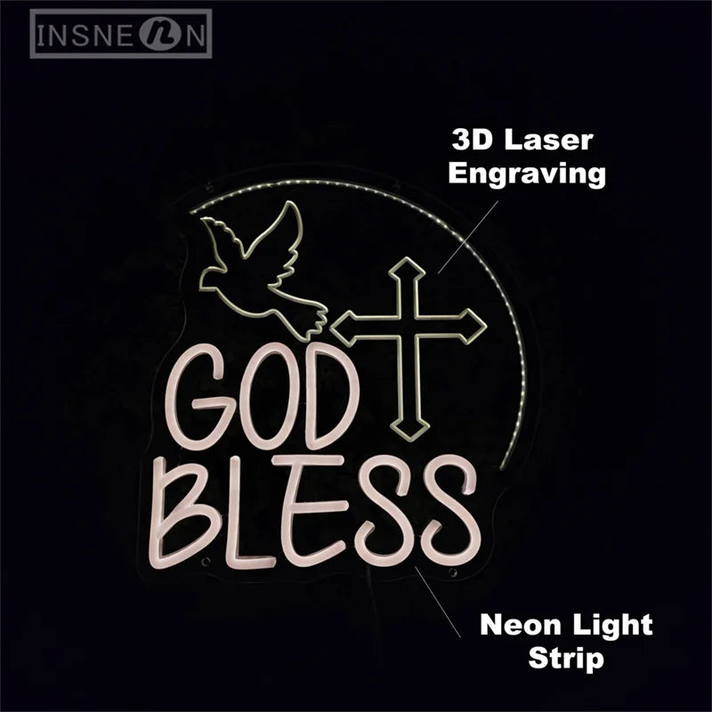 God Bless Neon Sign 3D Engraving LED Wall Decor Neon Sign Lights for Party Home Neon Lighting Sign Baptism Decoration Gifts USB