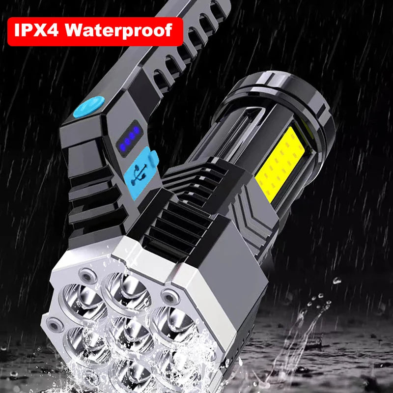 High Power 7 LED Flashlight USB Rechargeable Torch Handheld Portable Outdoor Camping Hiking Lamp ABS Material COB Side Light