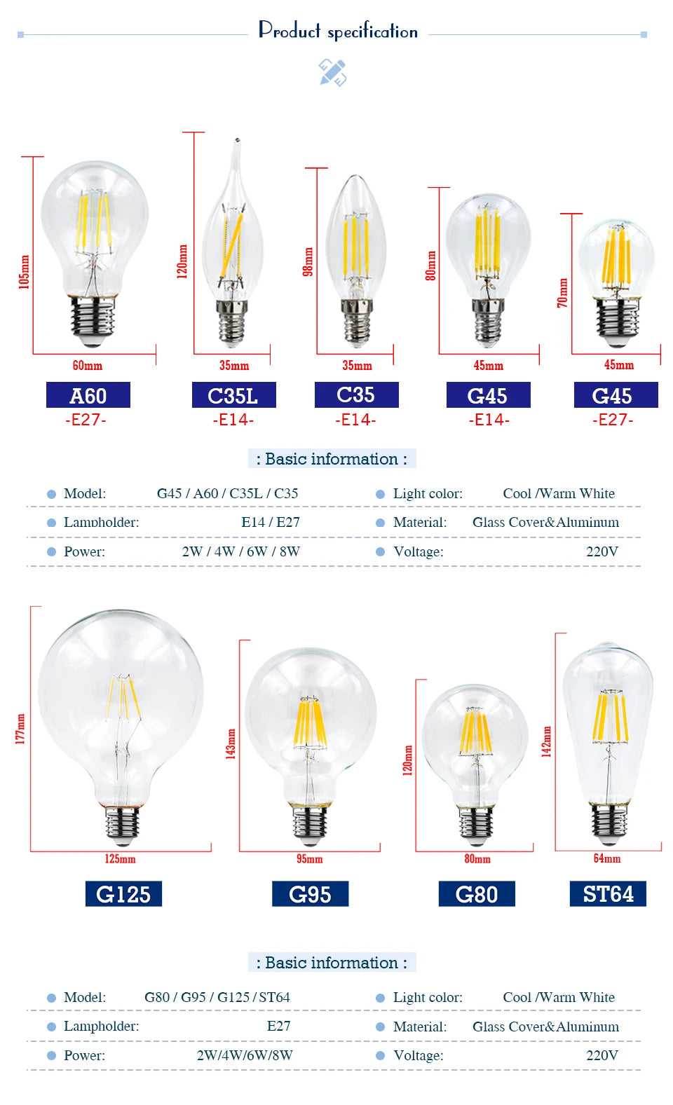 LED Candle Bulb E14 C35 Vintage Lamp LED E27 G45 A60 ST64 G80 G95 G125 AC220V LED Globe 2W 4W 6W 8W Filament Edison Light Bulbs