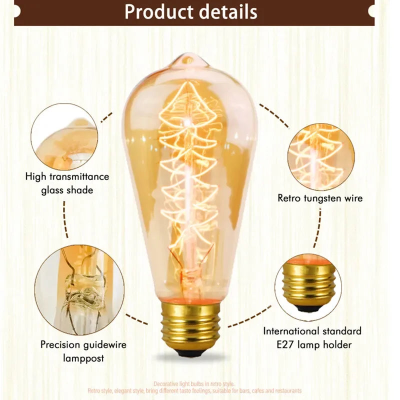 6pcs/lot Retro Edison Bulb C35 T45 ST64 G80 G95 A60 Filament Light 40W E27 Vintage Ampoule Incandescent Lamp Decorative Lights
