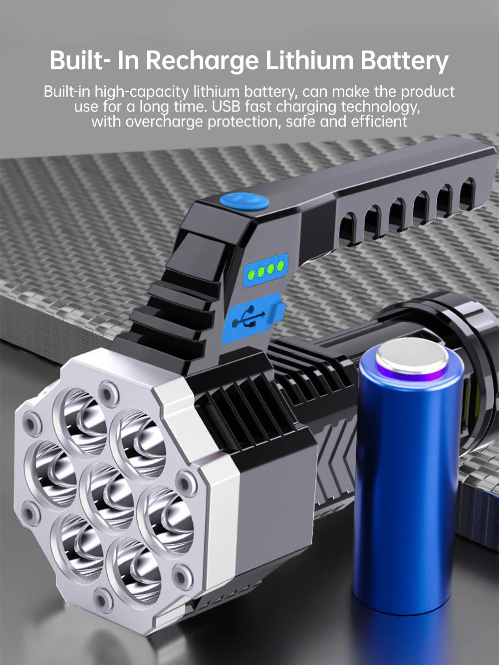 High Power 7 LED Flashlight USB Rechargeable Torch Handheld Portable Outdoor Camping Hiking Lamp ABS Material COB Side Light