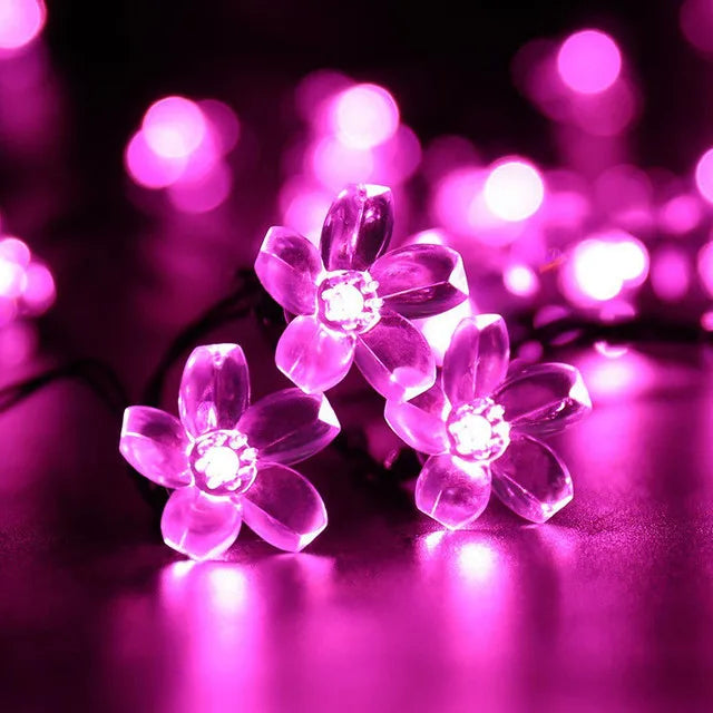 Outdoor Courtyard Solar Fairy Lights Cherry Blossoms String Lighting Lamp for Backyard Garden Lawn Fence Patio Christmas Decor