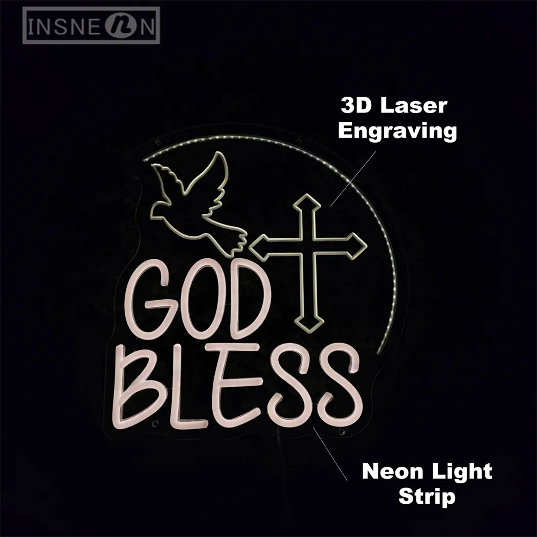 God Bless Neon Sign 3D Engraving LED Wall Decor Neon Sign Lights for Party Home Neon Lighting Sign Baptism Decoration Gifts USB