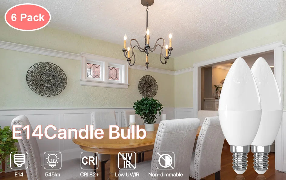 6 Pack E14 Candle Bulb 220V Warm White 3000K Cool White 6500K 5W 545lm 160°Beam Angle C37 Screw Light Bulbs