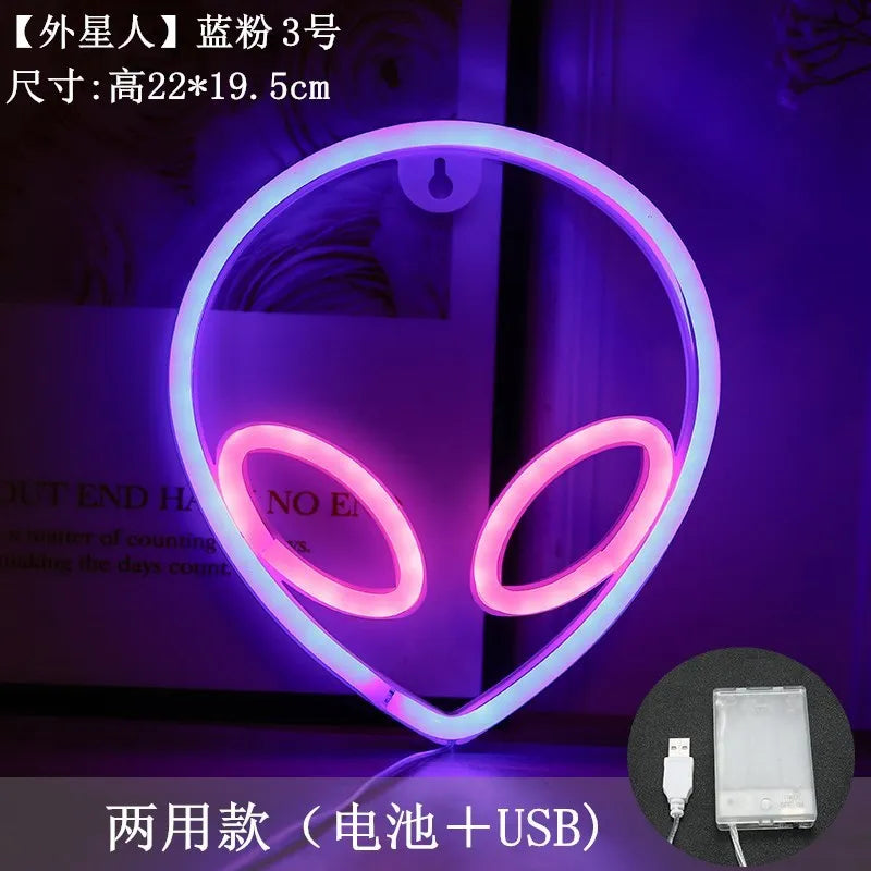Planet LED Lights Neon Rocket Alien Bedroom Decor Night Lamp for Rooms Wall Art Bar Party Battery Powered with Stand