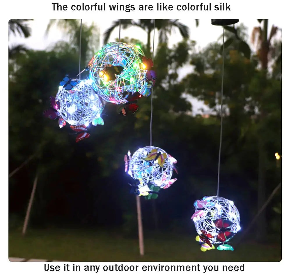 Garden Hanging Solar Light Round Ball Light With Butterfly Waterproof Metal Weaving Hanging Lamp Home Decorative Nightlight