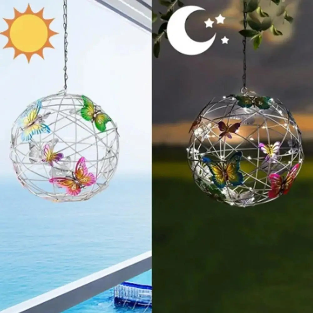 Garden Hanging Solar Light Round Ball Light With Butterfly Waterproof Metal Weaving Hanging Lamp Home Decorative Nightlight