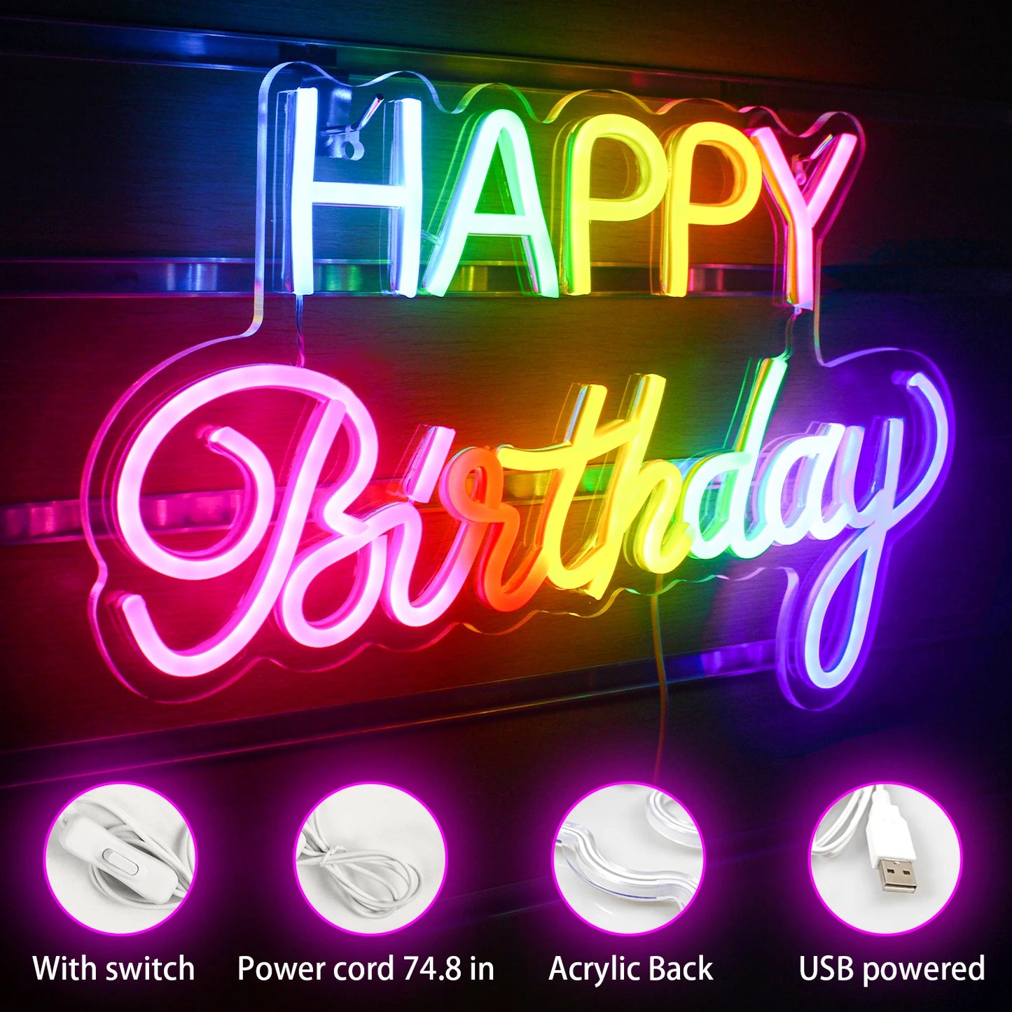 Color Happy Birthday Neon Sign for Wall Decor LED Happy Birthday Light Up Sign for Birthday Party USB Neon Light Boys and Girls