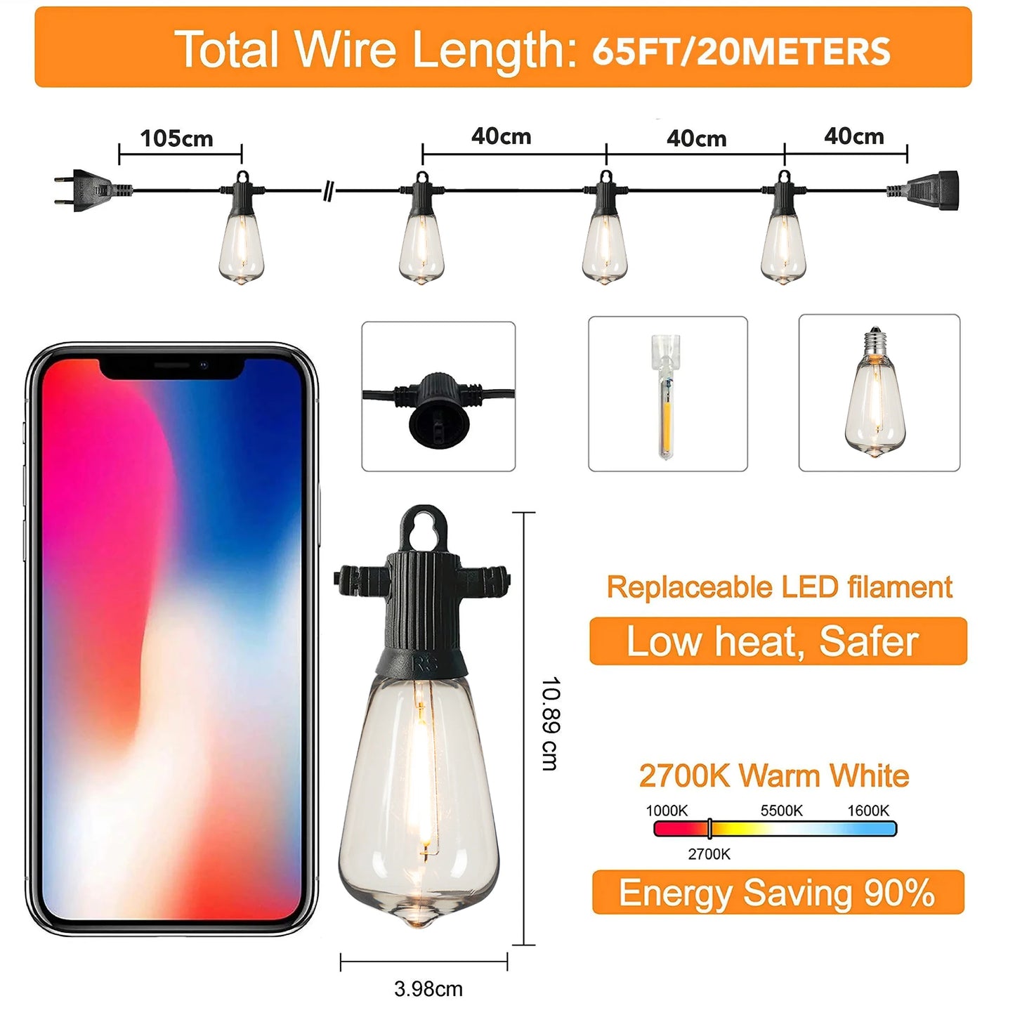 ST38 Led String Lights Outdoor Connectable Plastic Shatterproof IP65 Waterproof LED Bulb Outdoor Garden Garland String Lights