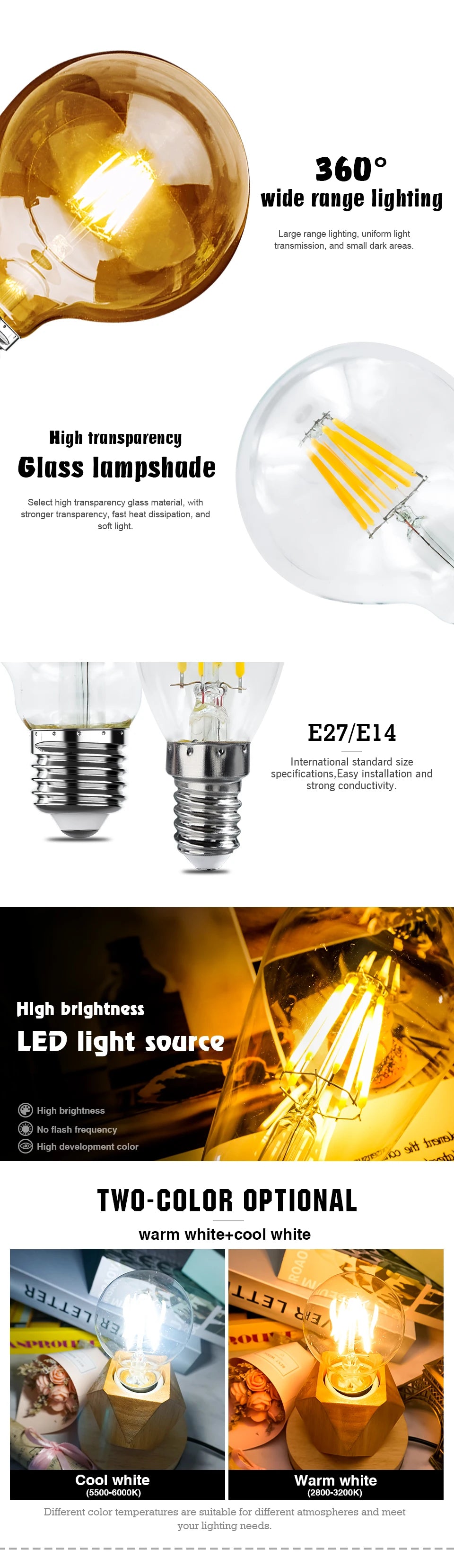 LED Candle Bulb E14 C35 Vintage Lamp LED E27 G45 A60 ST64 G80 G95 G125 AC220V LED Globe 2W 4W 6W 8W Filament Edison Light Bulbs