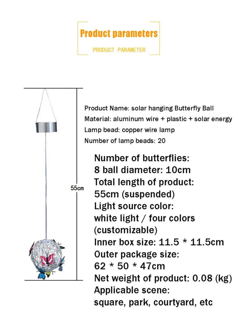 Garden Hanging Solar Light Round Ball Light With Butterfly Waterproof Metal Weaving Hanging Lamp Home Decorative Nightlight