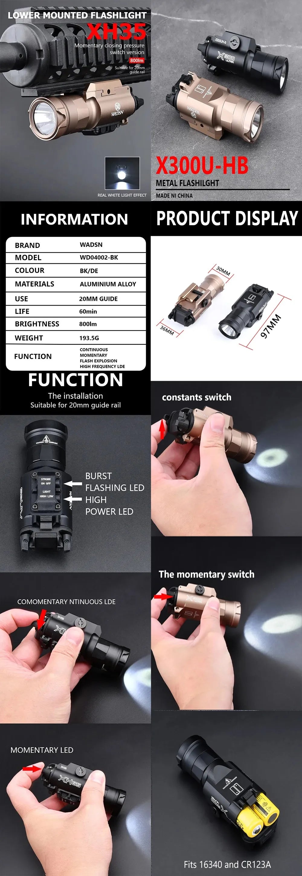 WADSN Metal Tactical X300U X300 Ultra XH35 X300UH-B Pistol Light Hunting Scout Strobe Flashlight Accessories Fit 20mm Rail