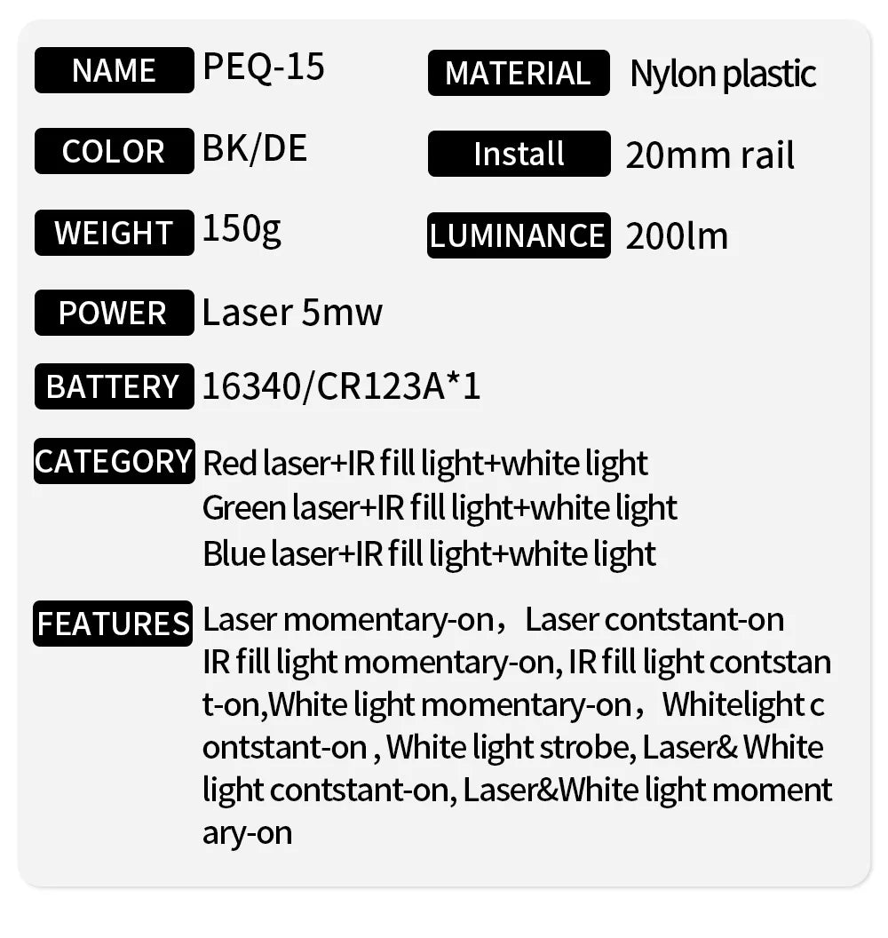 WADSN Airsoft PEQ 15 equipments Red Green Blue Powerful Laser Dot IR Indicator Surefir M600 M600C Flashlight Dual Control Switc