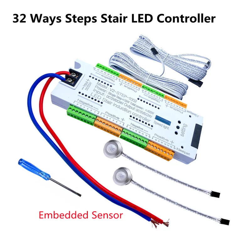 Stair PIR Motion Sensor LED Strip 12V SMD 5050 Lamp Tape + 32 Channels Staircase Step Controller + Power Supply + Connect Wire