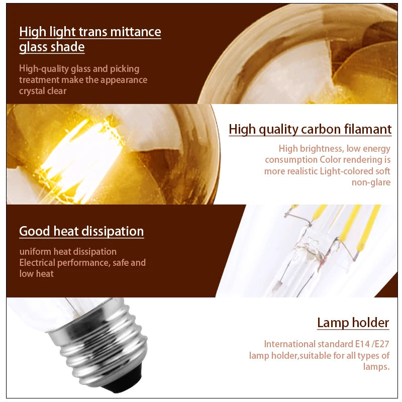 LED Filament Bulb E27 Retro Edison Lamp 220V 2W 4W 6W 8W E14 Vintage Candle Light Globe Chandelier Lighting COB Home Decor Light