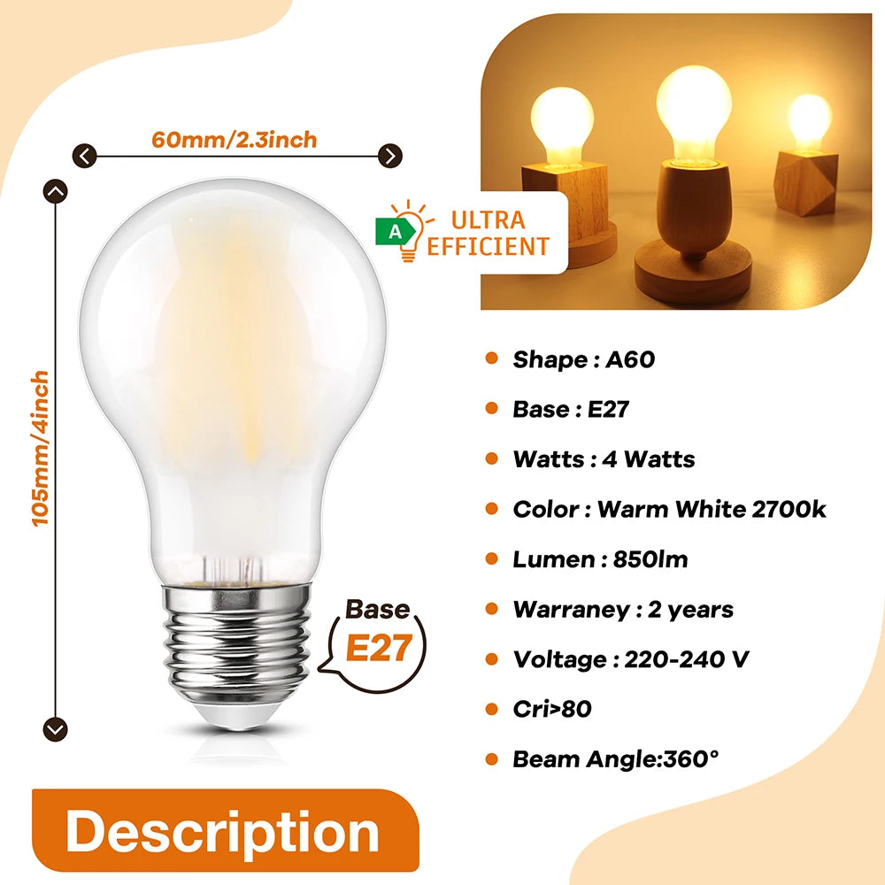2PCS 4W LED Light Bulb E27 220V A Level Energy Efficiency 850 Lumens Equivalent 60W Incandescent Vintage Edison Led Bulb A60