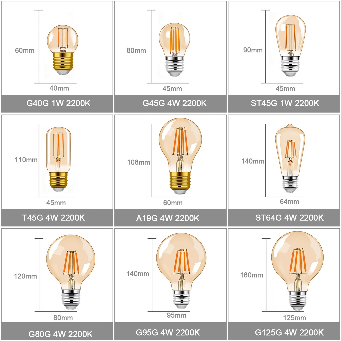 Gold Tint Vintage Edison LED Light Bulb E27 Night Light Bulbs G40 G45 G125 1W 4W Vintage LED Filament Light Bulb Dimmable