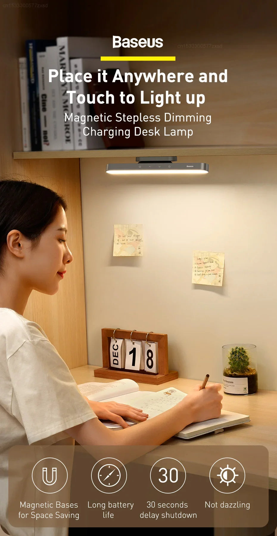 Xiaomi Baseus Magnetic Table Lamp Delay Off Dormitory Cabinet Light LED Desk Lamp for Study USB Rechargeable Home Night Light