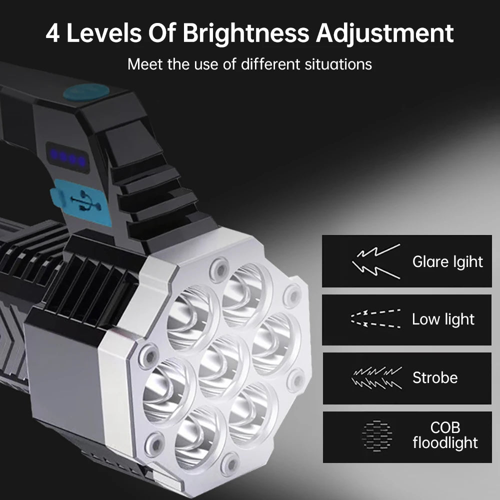 High Power 7 LED Flashlight USB Rechargeable Torch Handheld Portable Outdoor Camping Hiking Lamp ABS Material COB Side Light
