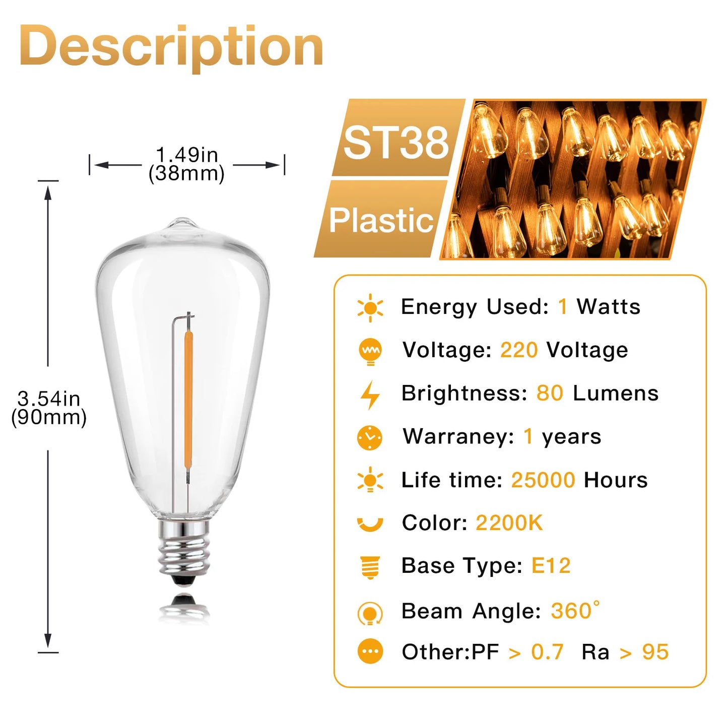 Vintage ST38 Led Replacement Light Bulbs Plastic E12 1W Equvalent 7W Incandescent Decorative Shatterproof Bulbs For String Light