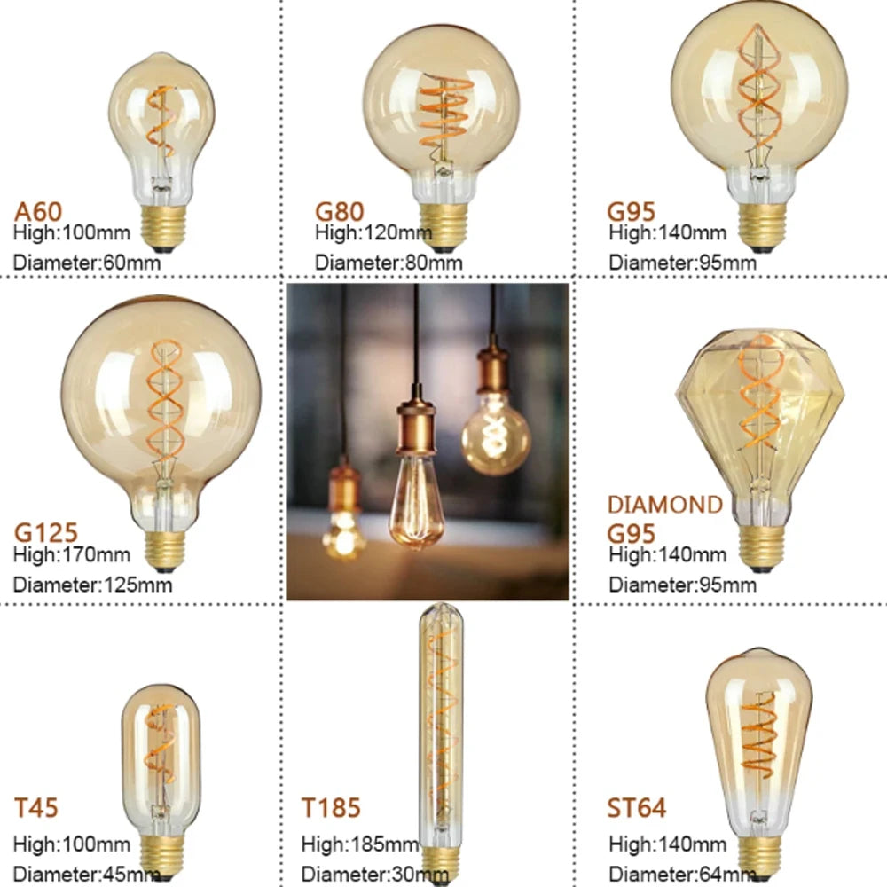 Retro Edison E27 E14 LED Light Bulb 220V Diamond Love ST64 A60 G80 G95 G125 T185 Vintage Glass Bulb Lamp For Home Decor Lighting