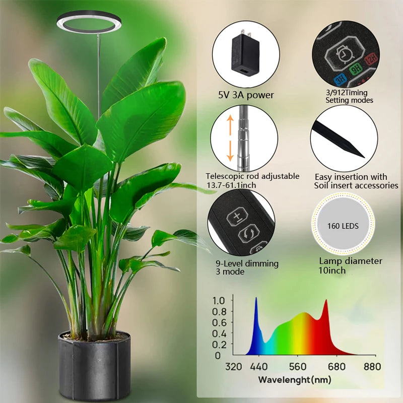 10" LED Ring Grow Lights for Indoor Plants Full Spectrum Large Plant Light for Indoor Plants USB Height Adjustable Growing Lamp
