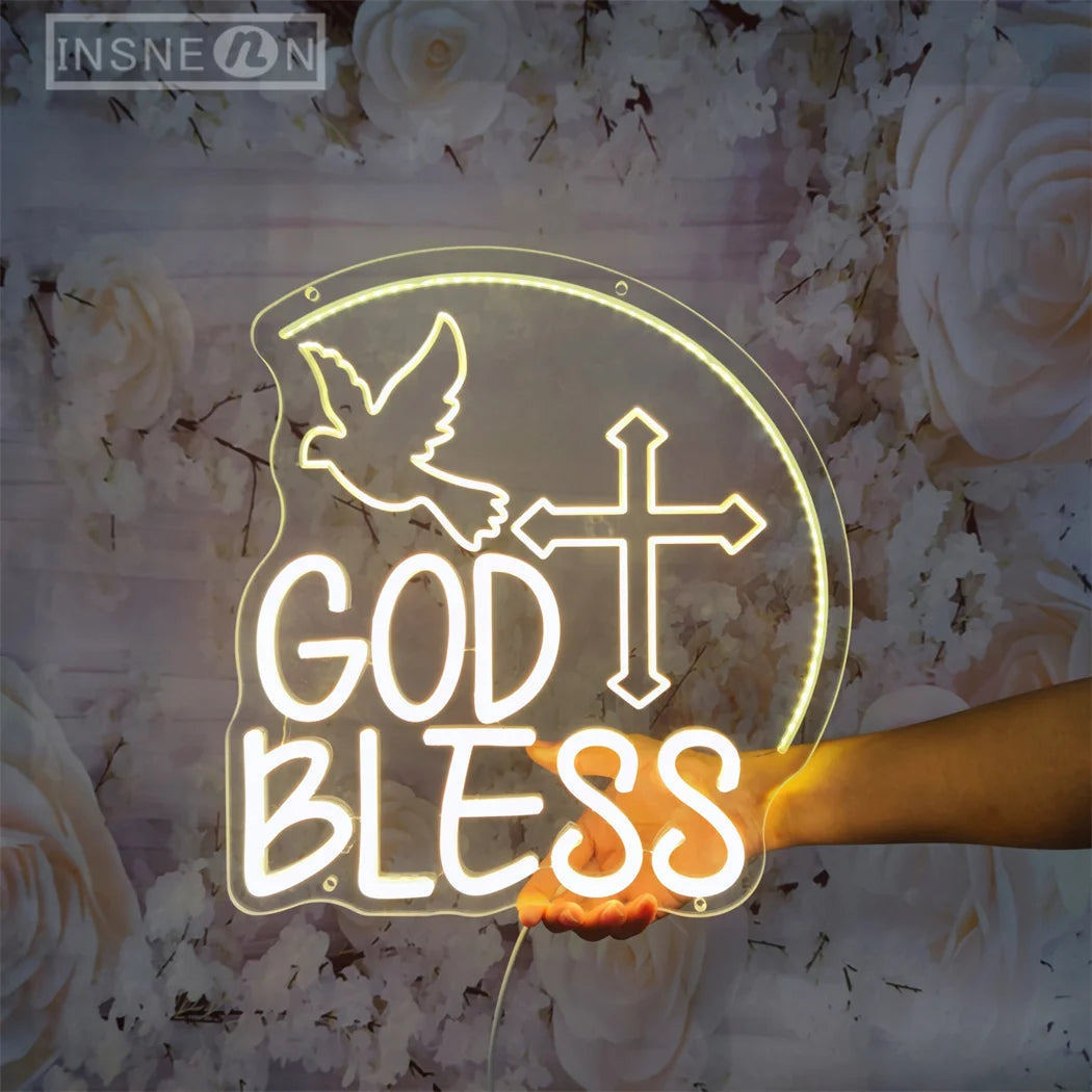 God Bless Neon Sign 3D Engraving LED Wall Decor Neon Sign Lights for Party Home Neon Lighting Sign Baptism Decoration Gifts USB