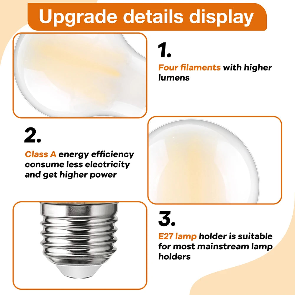 2PCS 4W LED Light Bulb E27 220V A Level Energy Efficiency 850 Lumens Equivalent 60W Incandescent Vintage Edison Led Bulb A60