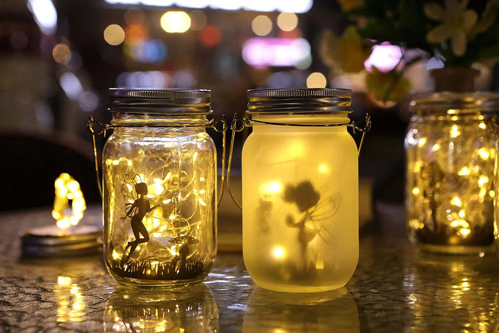 Solar Lantern Fairy Lights Garden Ornament Outdoor Hanging Frosted Tree Table Yard Patio Lawn Portable Glass Mason Jar Lamp