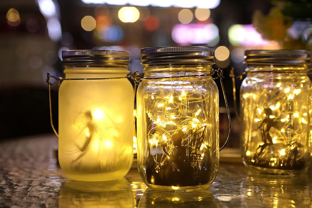Solar Lantern Fairy Lights Garden Ornament Outdoor Hanging Frosted Tree Table Yard Patio Lawn Portable Glass Mason Jar Lamp