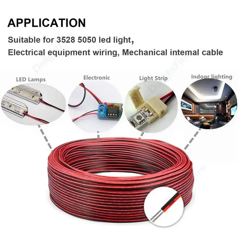 22 AWG 12V Flexible Electrical Cable 2 Pin Red Black Flat Wire For COB LED Strip Lamp Bulb Lighting Automotive Speaker Audio