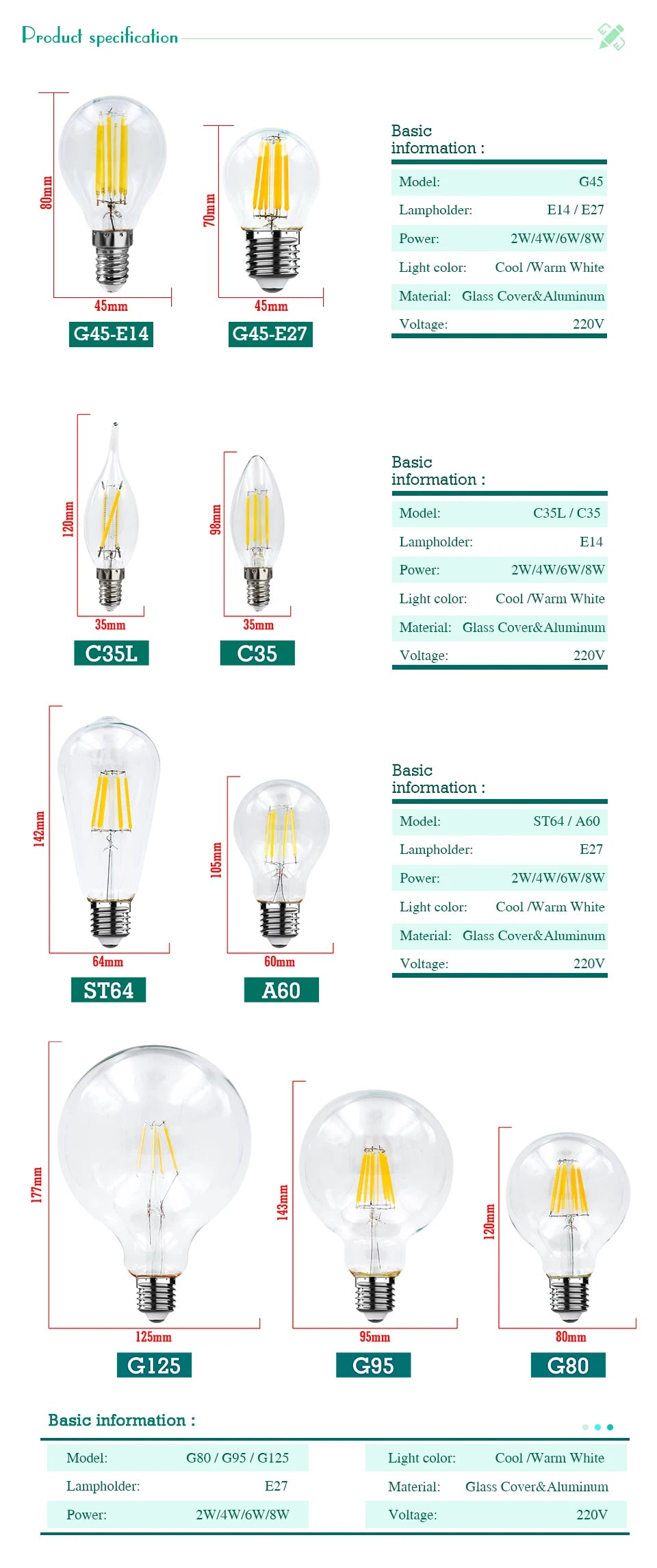 LED Filament Bulb E27 Retro Edison Lamp 220V 2W 4W 6W 8W E14 Vintage Candle Light Globe Chandelier Lighting COB Home Decor Light