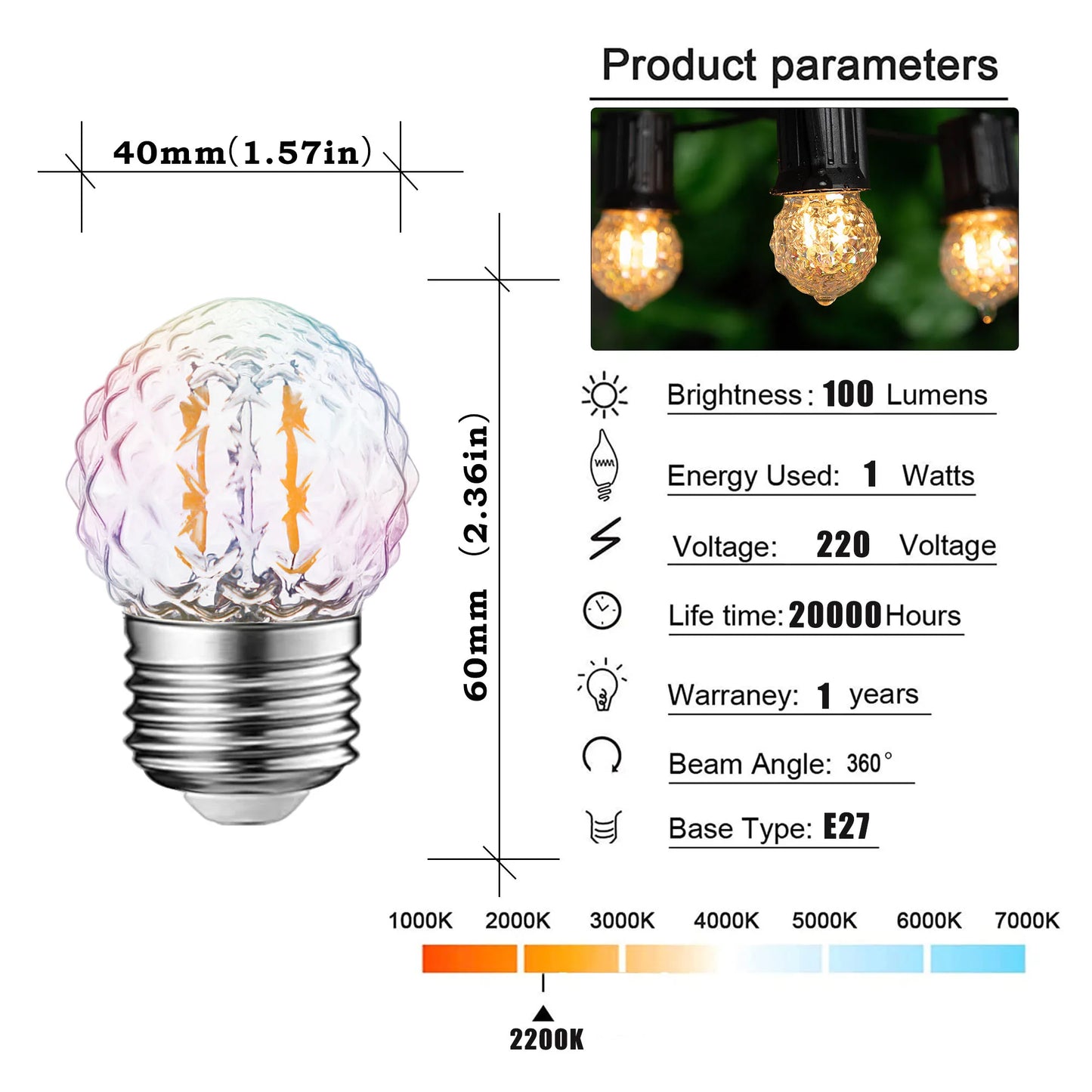 6Pcs Vintage G40 Decorative LED Light Bulb E27 1W 220V Pineapple Colorful LED Filament Bulb for Street Garland Light Outdoor