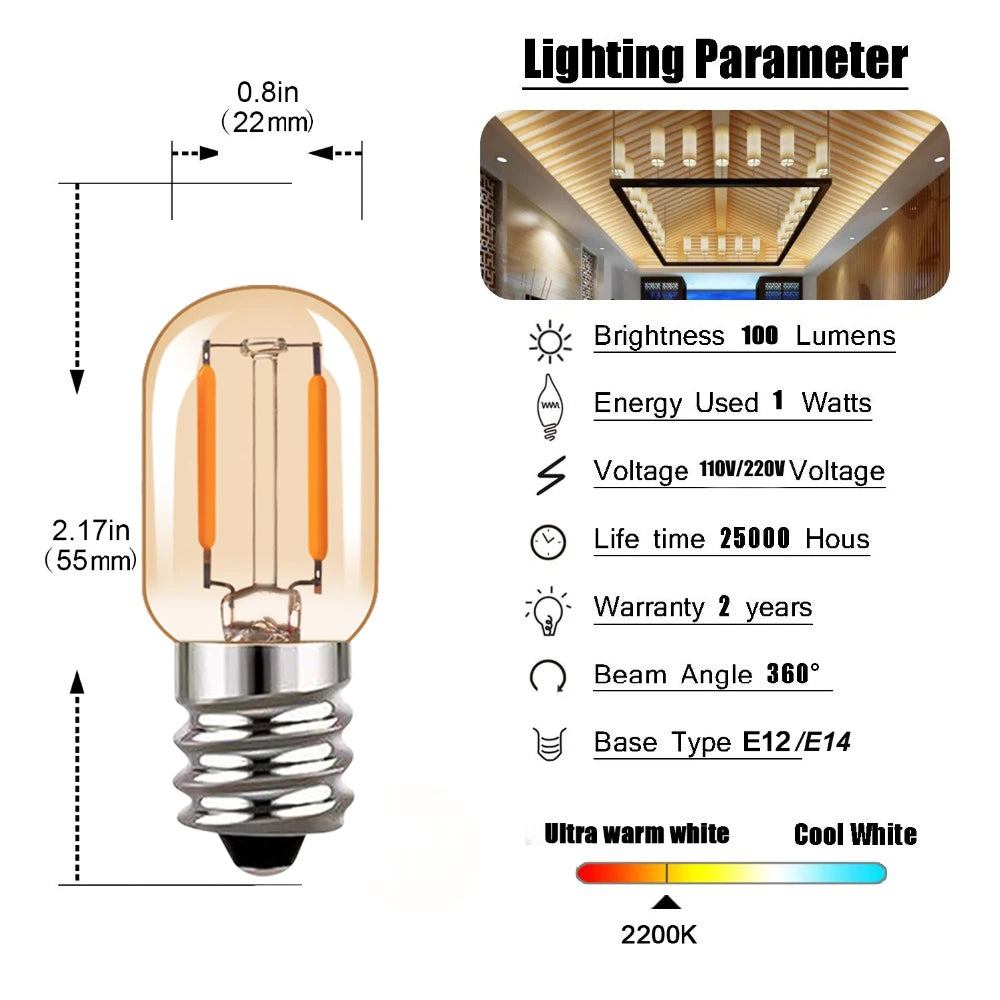 Grensk T22 1W E14 E12 220V LED Filament Candelabra Bulbs Dimmable Led Vintage Tubular Night Light Bulb 2200K 10 Watt Equivalent