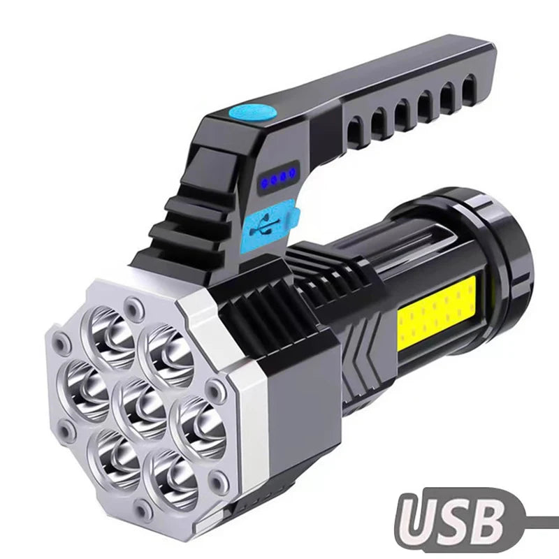 High Power 7 LED Flashlight USB Rechargeable Torch Handheld Portable Outdoor Camping Hiking Lamp ABS Material COB Side Light