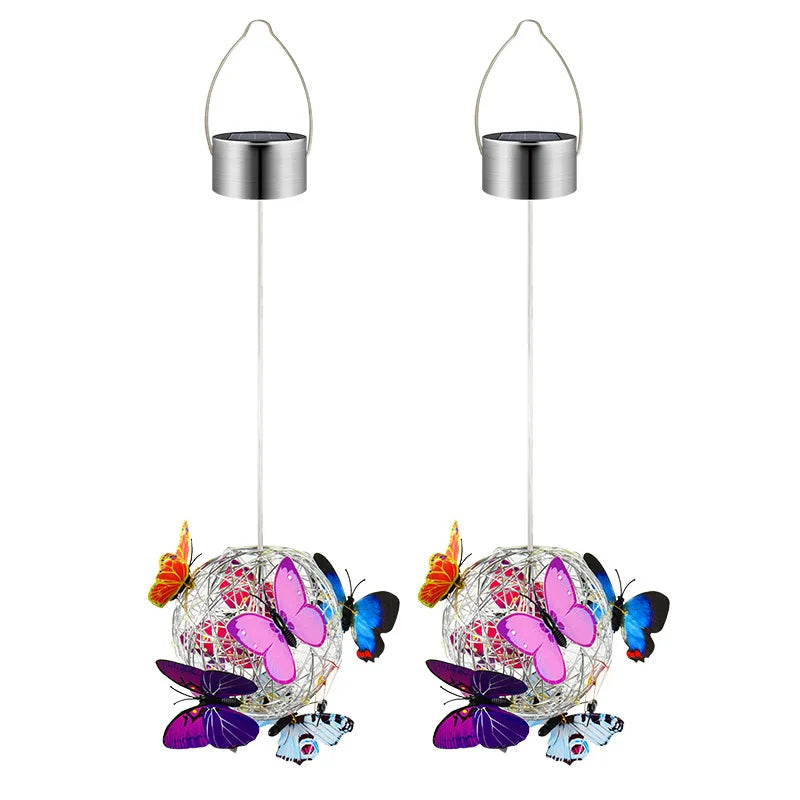 Garden Hanging Solar Light Round Ball Light With Butterfly Waterproof Metal Weaving Hanging Lamp Home Decorative Nightlight