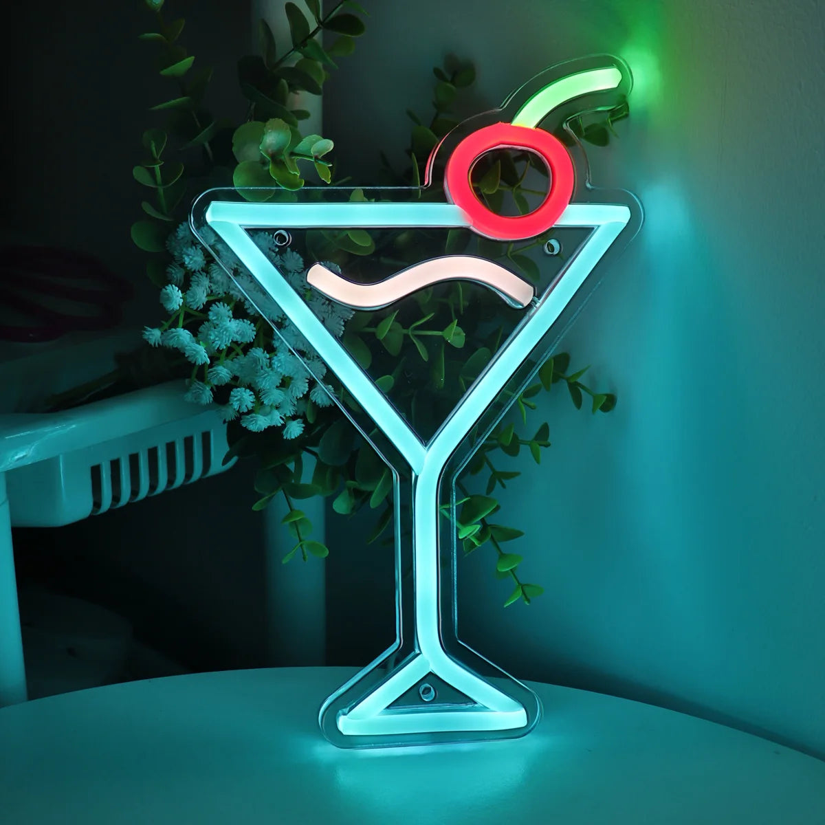 1PC Ice Blue Cocktails With Cherry Creative USB Powered LED Wall Neon Sign For Pub Club Party Event Decoration 6.42''*9.88''