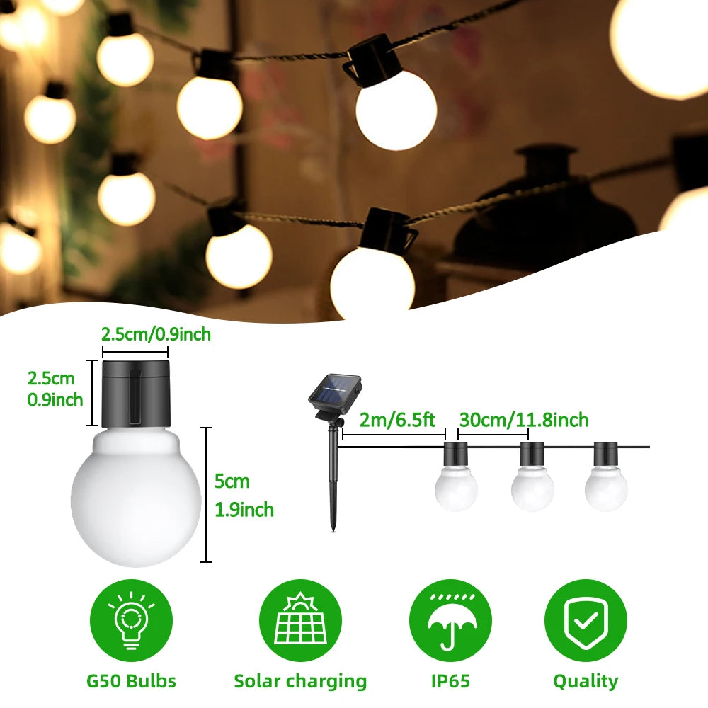 G50 Patio Solar String Lights Outdoor, Warm/ Colorful Globe Bulb LED Fairy Garland Lamp for Wedding, Christmas, Backyard, Party
