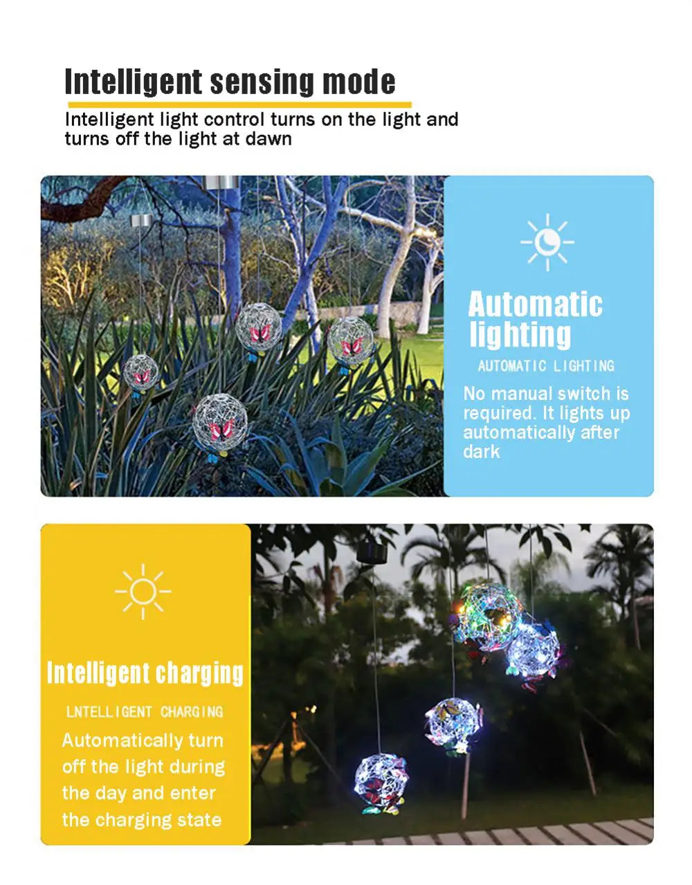 Garden Hanging Solar Light Round Ball Light With Butterfly Waterproof Metal Weaving Hanging Lamp Home Decorative Nightlight