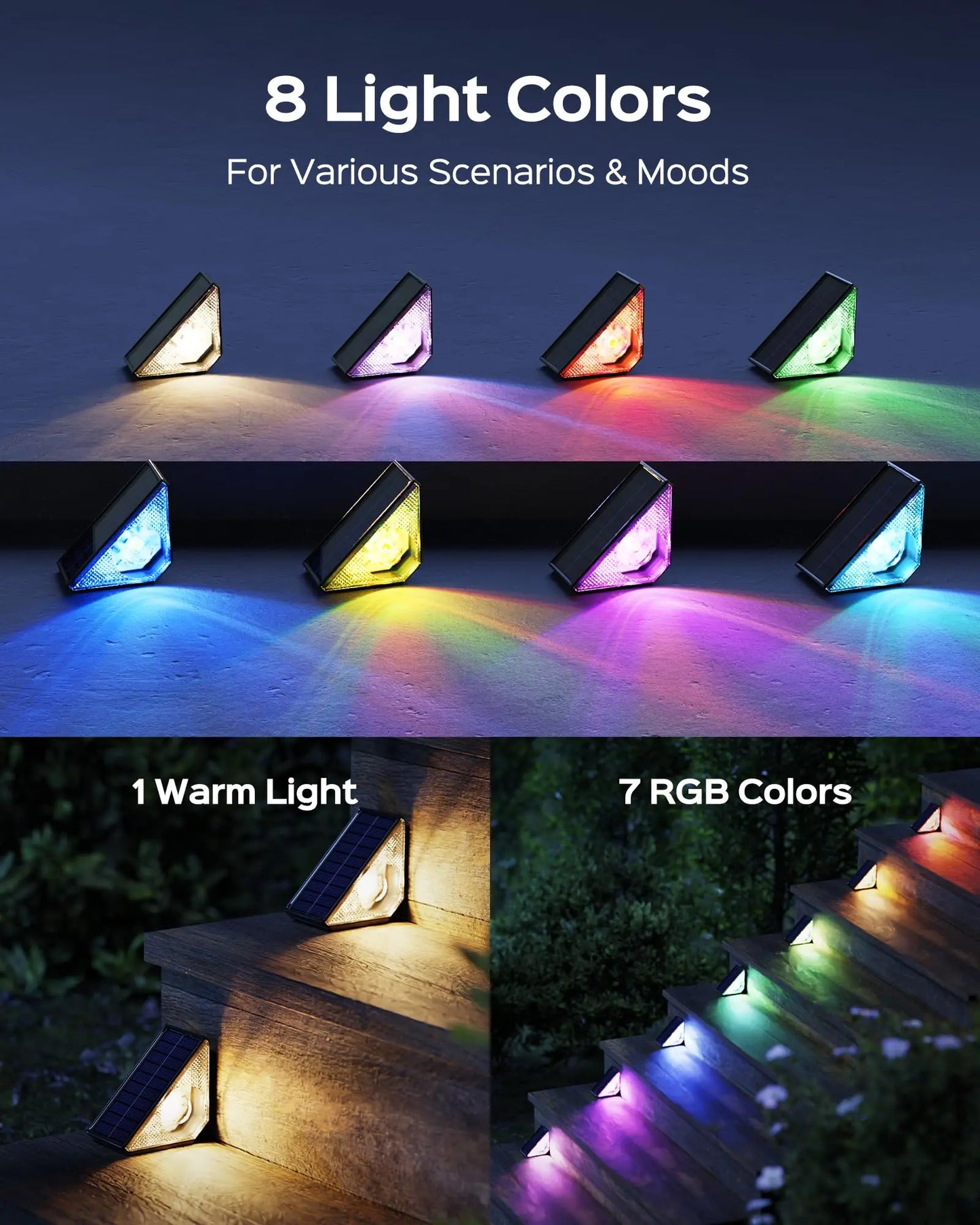 Solar Powered Deck Lights LED RGB Warm White Outdoor Step Lights for Garden Yard Stairs Patio Porch Decoration Lamp Waterproof