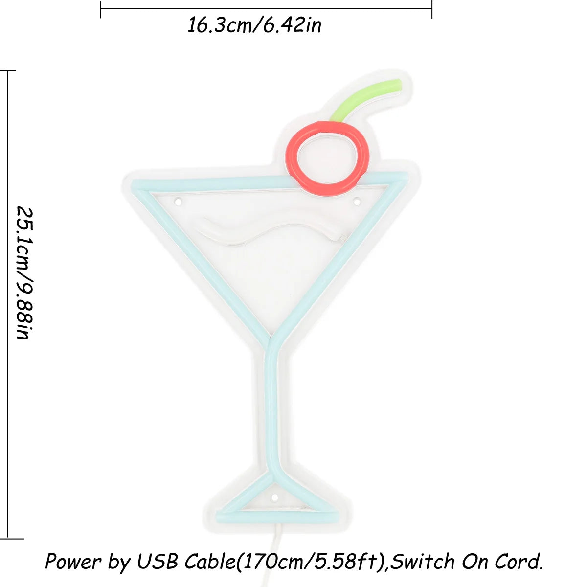 1PC Ice Blue Cocktails With Cherry Creative USB Powered LED Wall Neon Sign For Pub Club Party Event Decoration 6.42''*9.88''