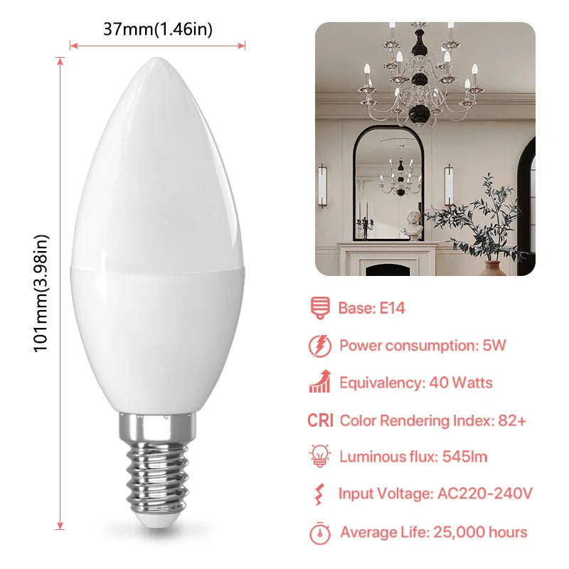 6 Pack E14 Candle Bulb 220V Warm White 3000K Cool White 6500K 5W 545lm 160°Beam Angle C37 Screw Light Bulbs
