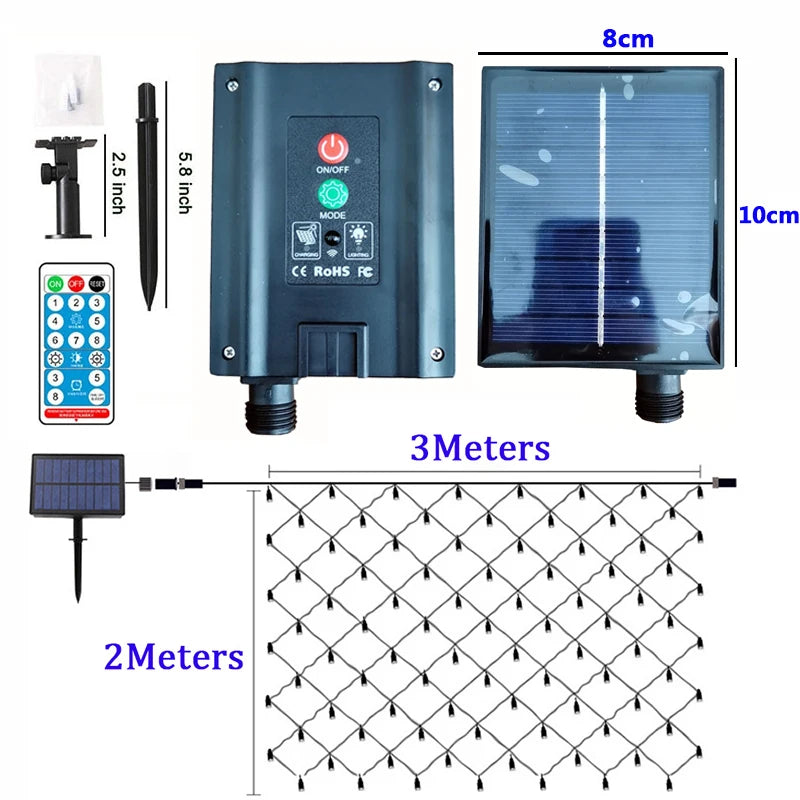Solar Powered Net Light Mesh Fairy Lights Waterproof Garland With 8 Modes Timer Christmas Decorations For Home 3M X 2M,Holiday
