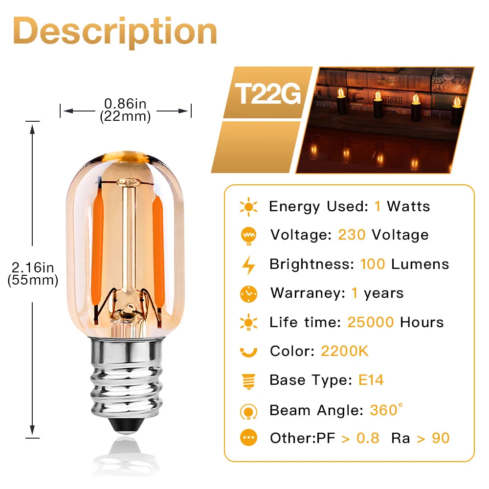 Grensk T22 1W E14 E12 220V LED Filament Candelabra Bulbs Dimmable Led Vintage Tubular Night Light Bulb 2200K 10 Watt Equivalent